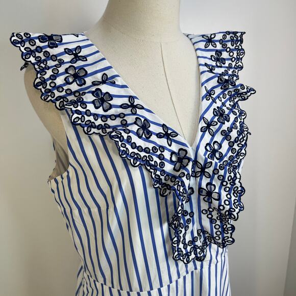 Draper James Lattice Stripe Ruffle Eyelet Dress White Blue - Picture 2 of 10